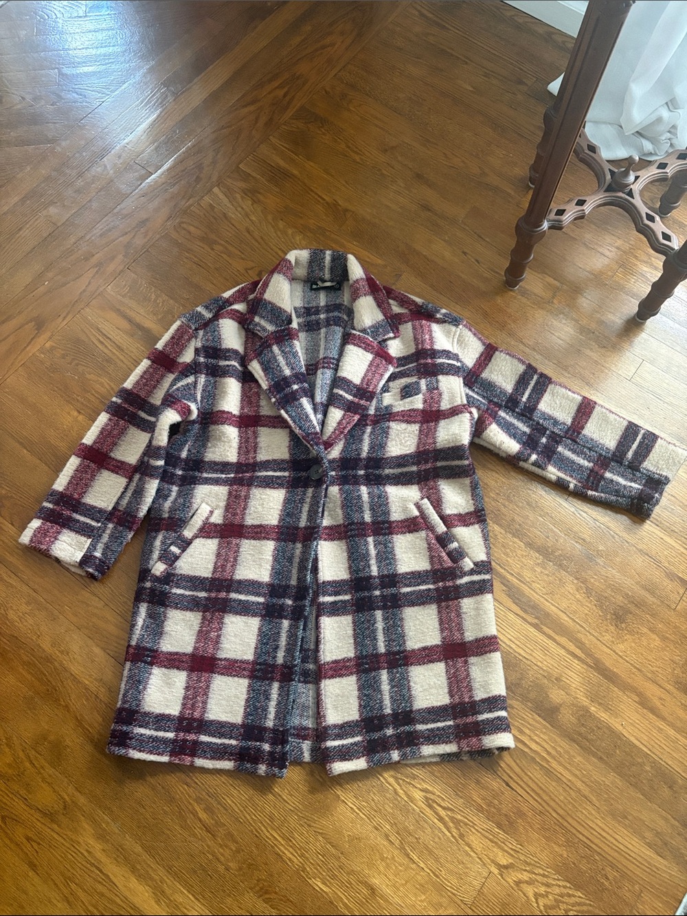 Blank NYC Cream Plaid Pea Coat with Burgundy & Navy Checks